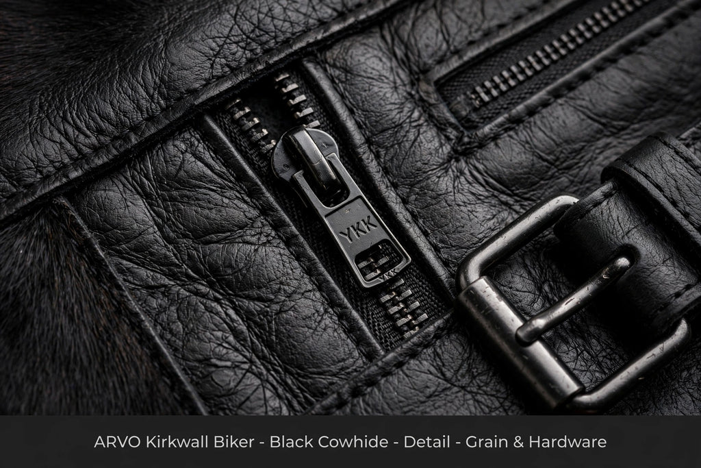 Arvo Kirkwall Biker Black Cowhide Detail - Black Cowhide Leather Grain with YKK Zipper and Gunmetal Buckle Hardware Close-Up