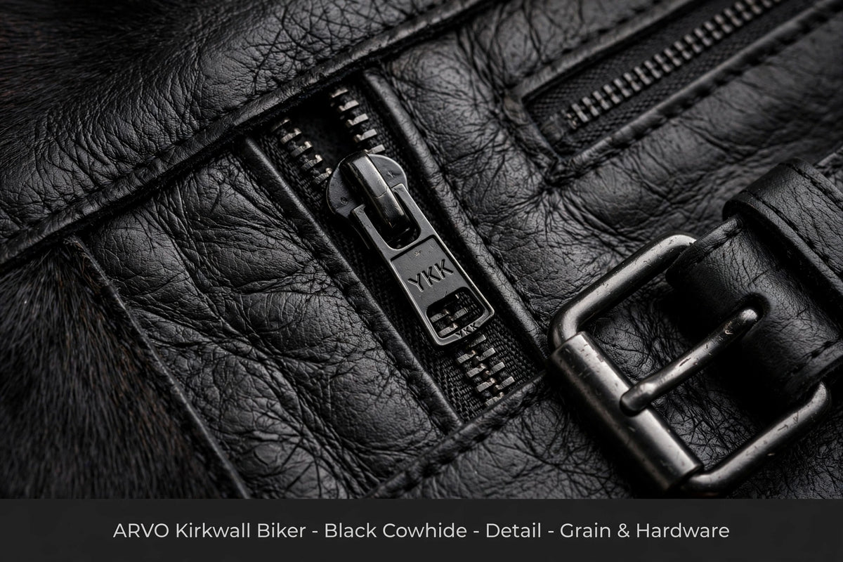 Arvo Kirkwall Biker Black Cowhide Detail - Black Cowhide Leather Grain with YKK Zipper and Gunmetal Buckle Hardware Close-Up