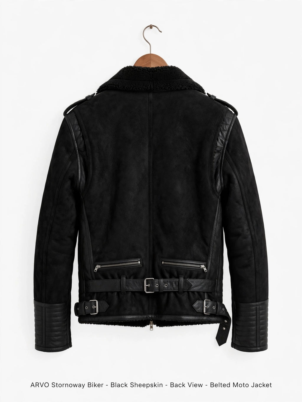 Arvo Stornoway Biker Black Sheepskin On Model - Men's Black Sheepskin Shearling Motorcycle Jacket - Quilted Sleeve Biker