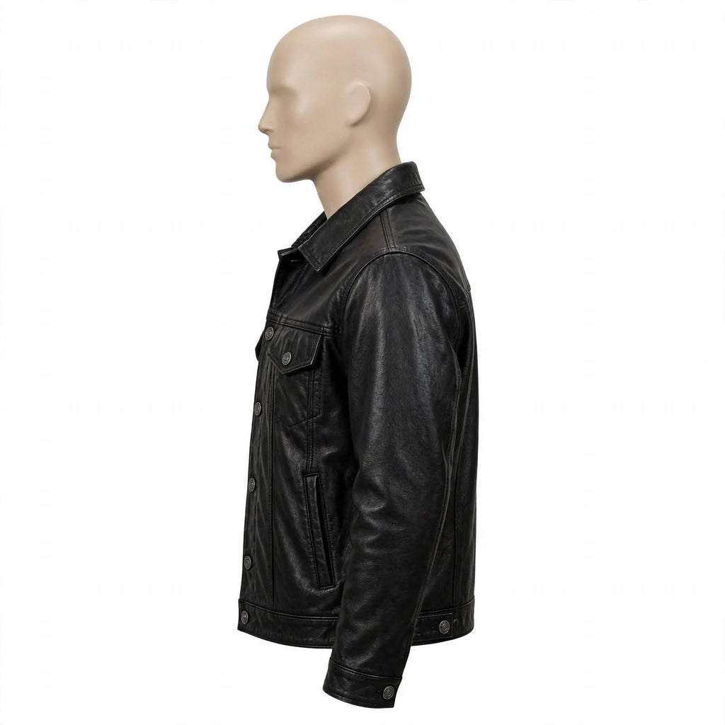 Men's Black Leather Trucker Jacket - Classic Collar | ARVO
