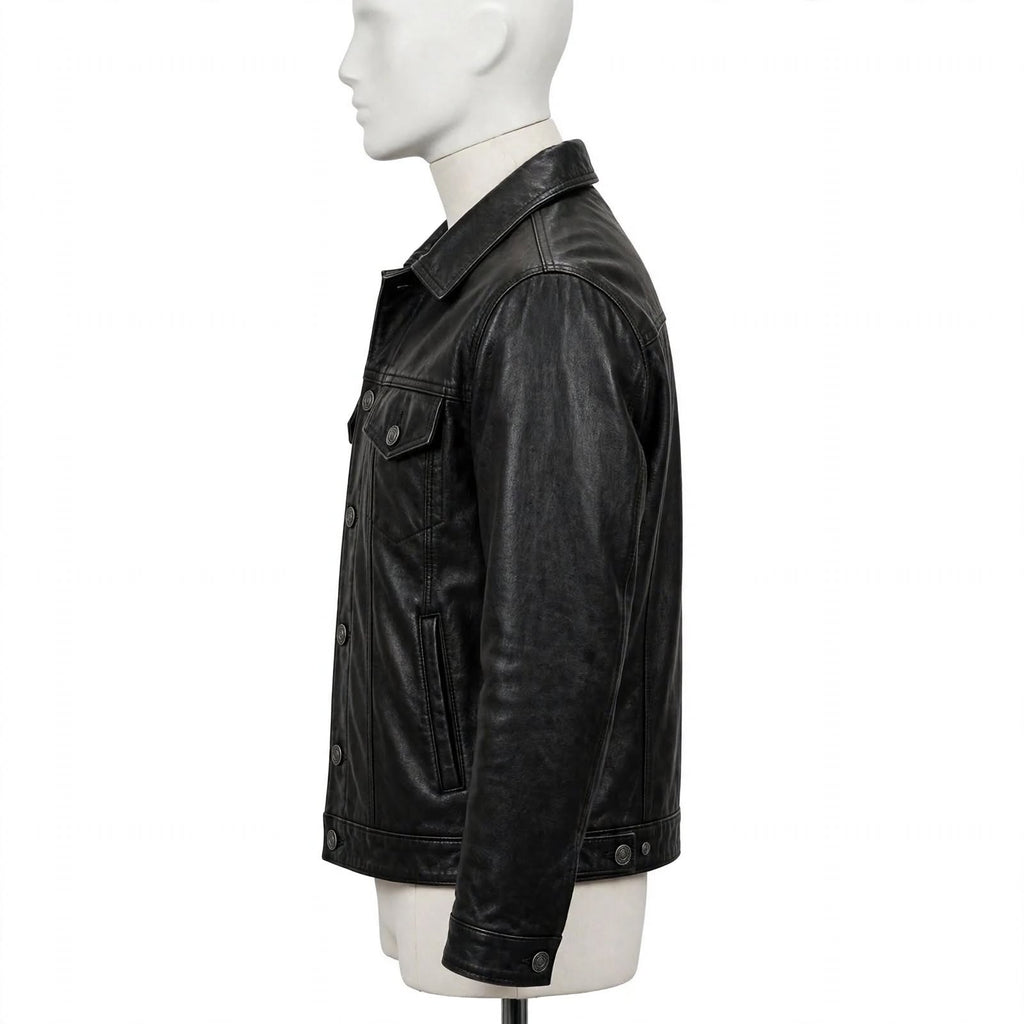 Men's Black Leather Trucker Jacket - Classic Collar | ARVO