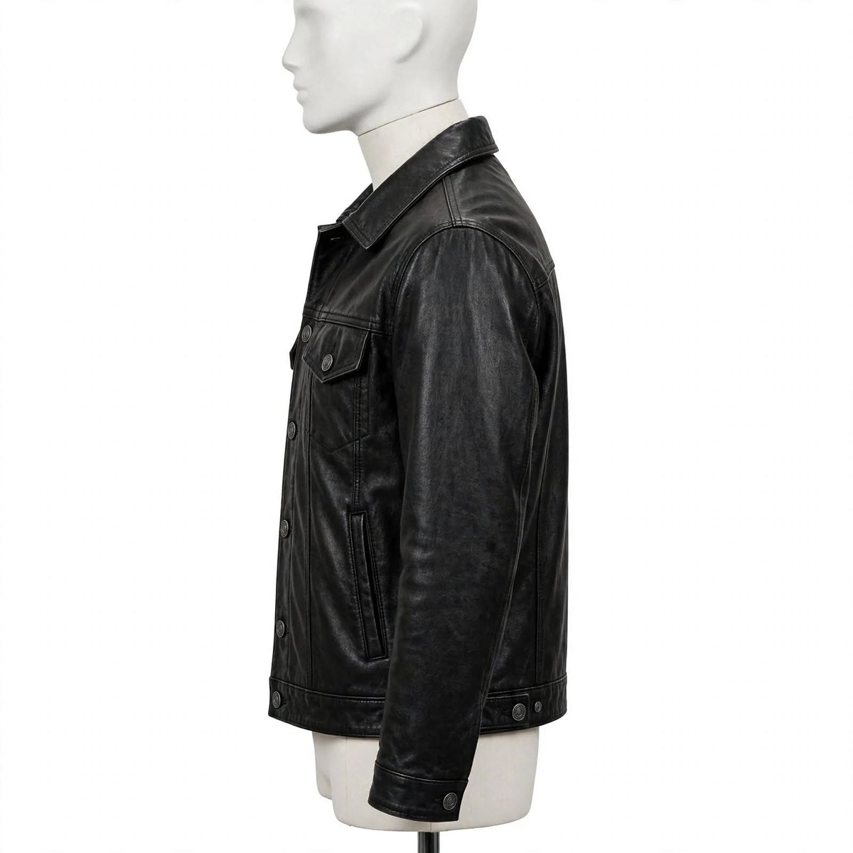 Men's Black Leather Trucker Jacket - Classic Collar | ARVO
