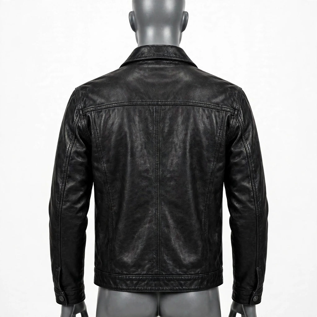 Men's Black Leather Trucker Jacket - Classic Collar | ARVO