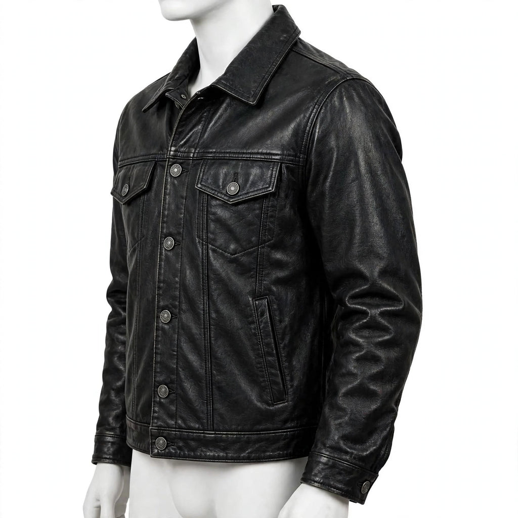 Men's Black Leather Trucker Jacket - Classic Collar | ARVO