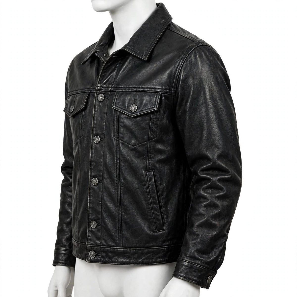 Men's Black Leather Trucker Jacket - Classic Collar | ARVO