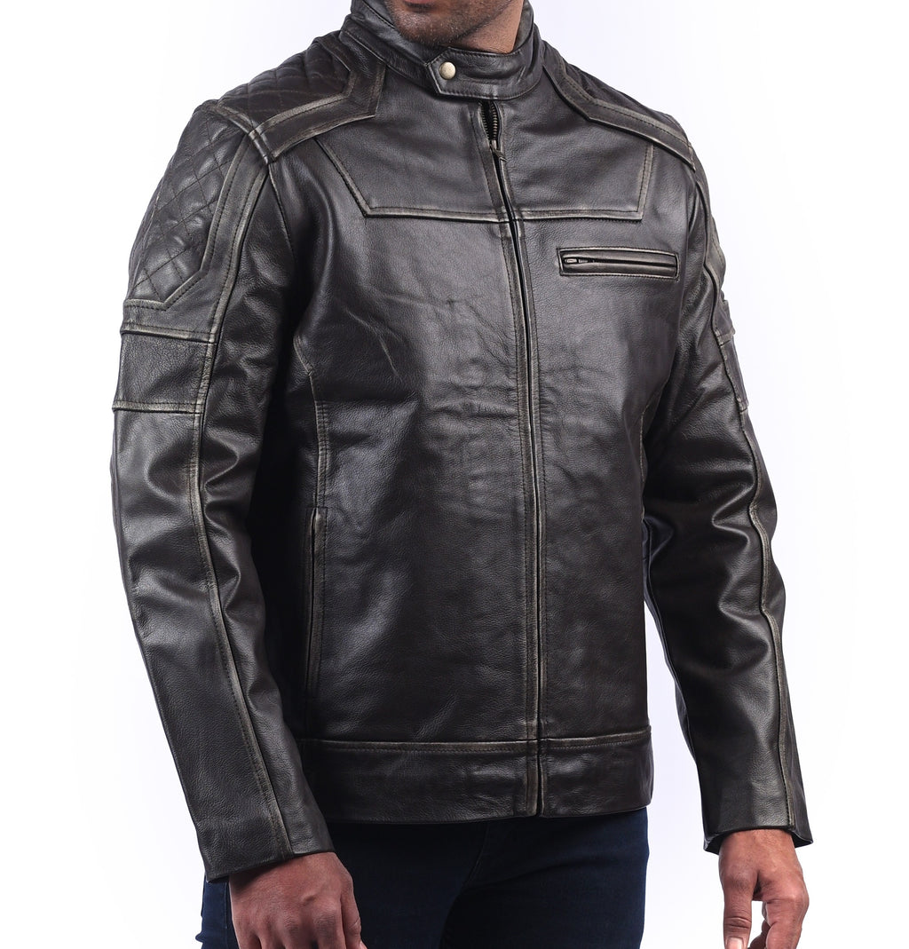 Men's black distressed cowhide jacket with snap collar, photo 2