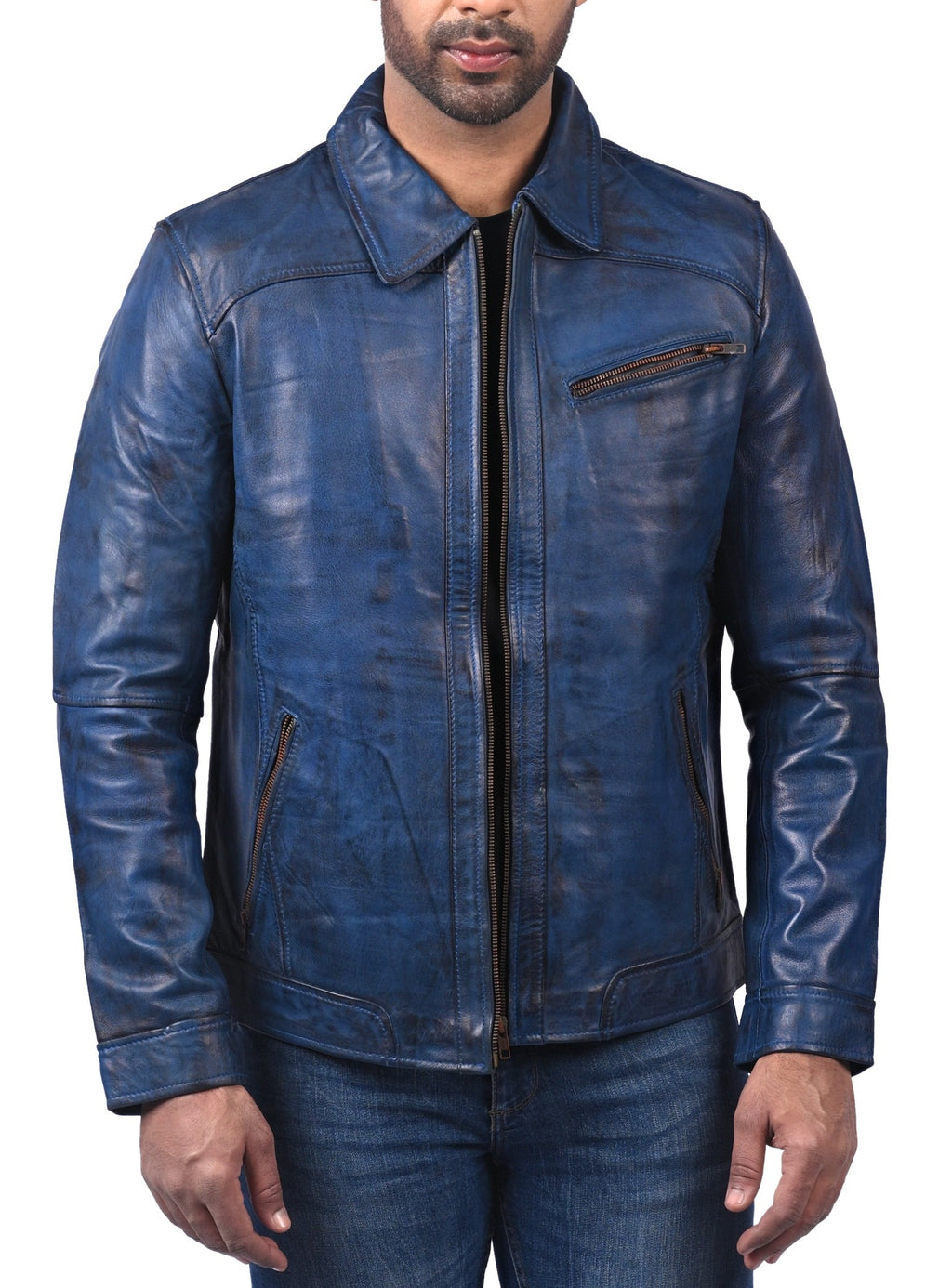 Men's blue waxed sheepskin vintage racer jacket, photo 2