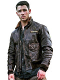 Nick Jonas Jumanji brown sheepskin leather jacket for men with shearling