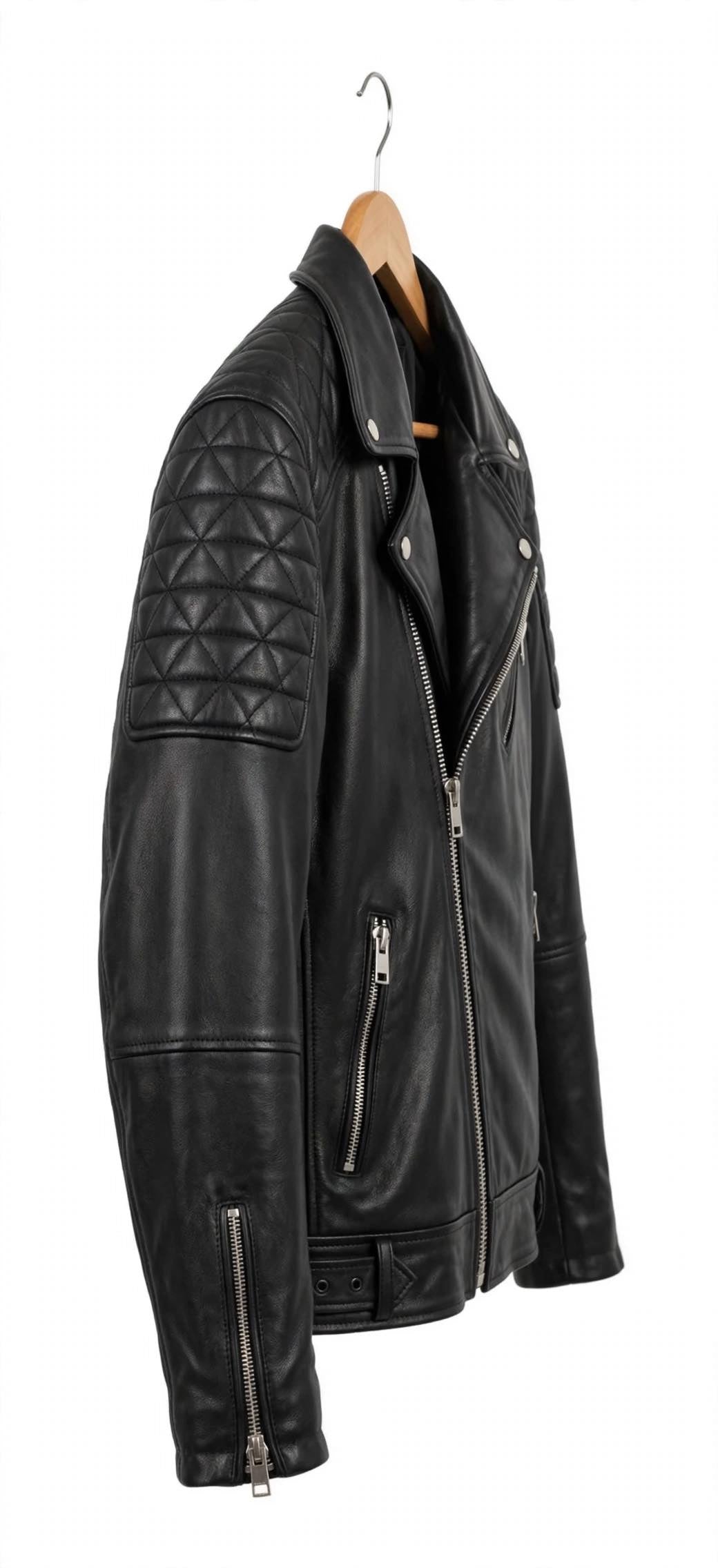 Side profile of ARVO Men's Black Quilted Leather Moto Jacket showing zip sleeve cuff and diamond stitching