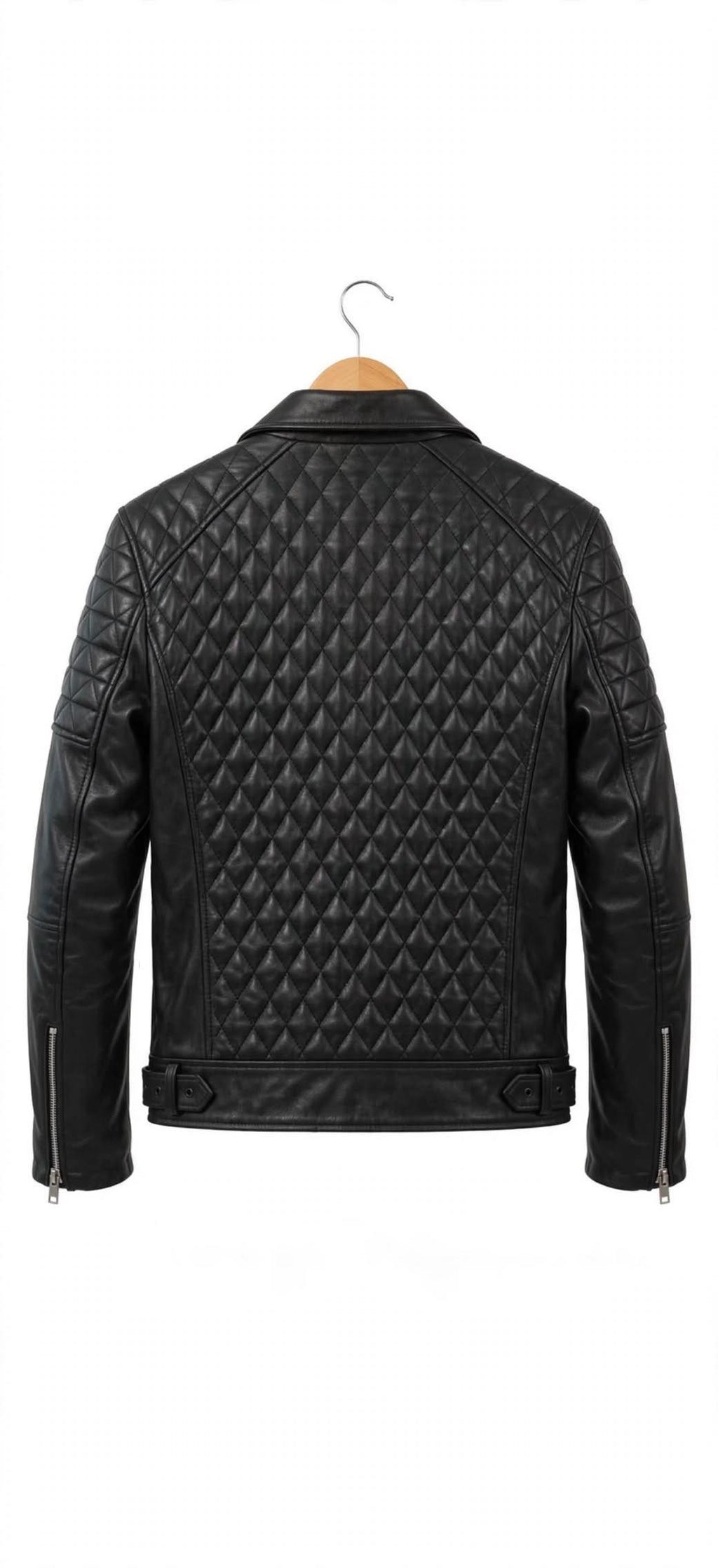 ARVO Men's Black Diamond Quilted Leather Biker Jacket Back View - Diamond Stitched Motorcycle Jacket with Buckle Hem