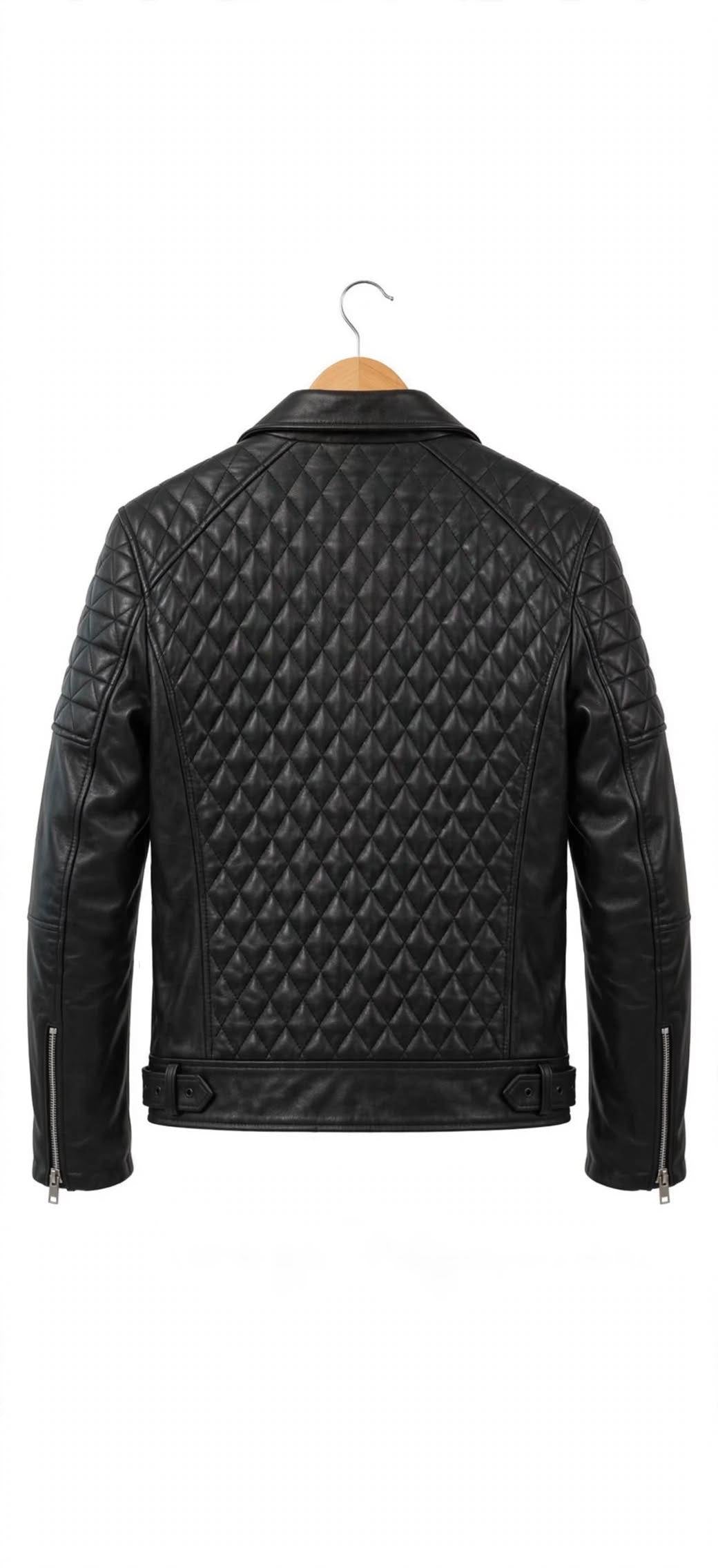 ARVO Men's Black Diamond Quilted Leather Biker Jacket Back View - Diamond Stitched Motorcycle Jacket with Buckle Hem