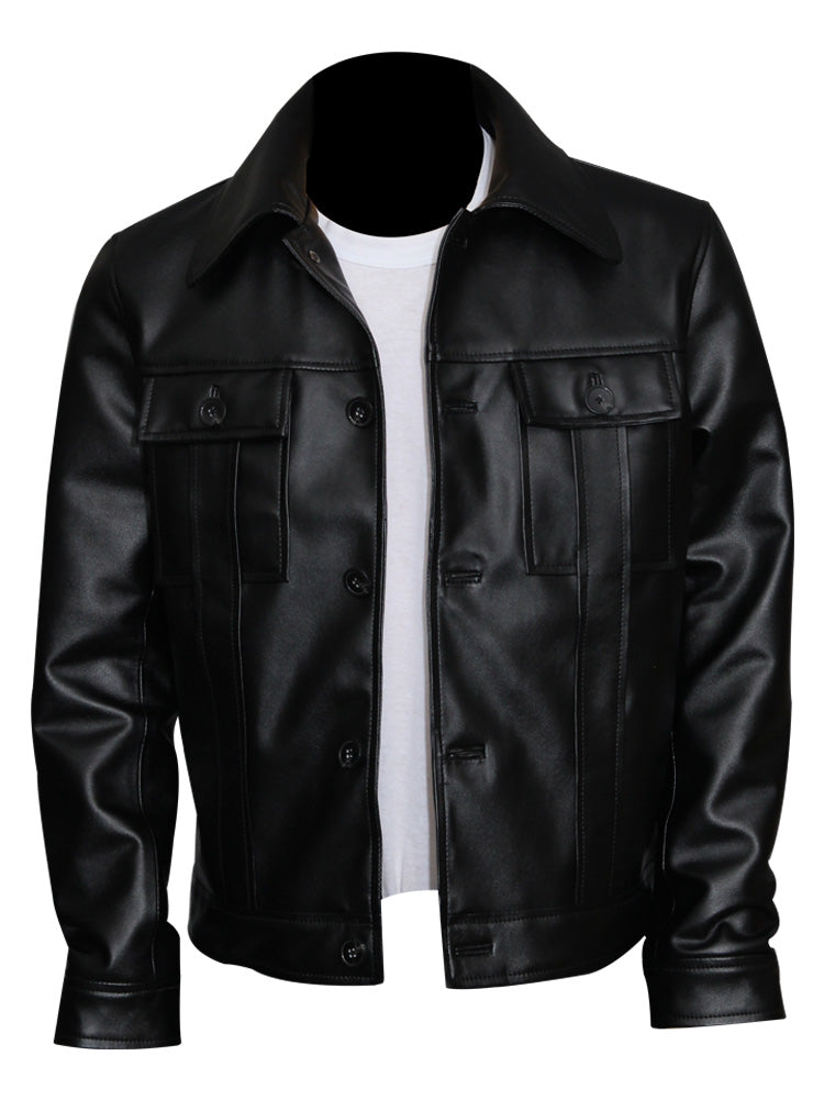 Elvis Presley black leather jacket for men with shirt collar