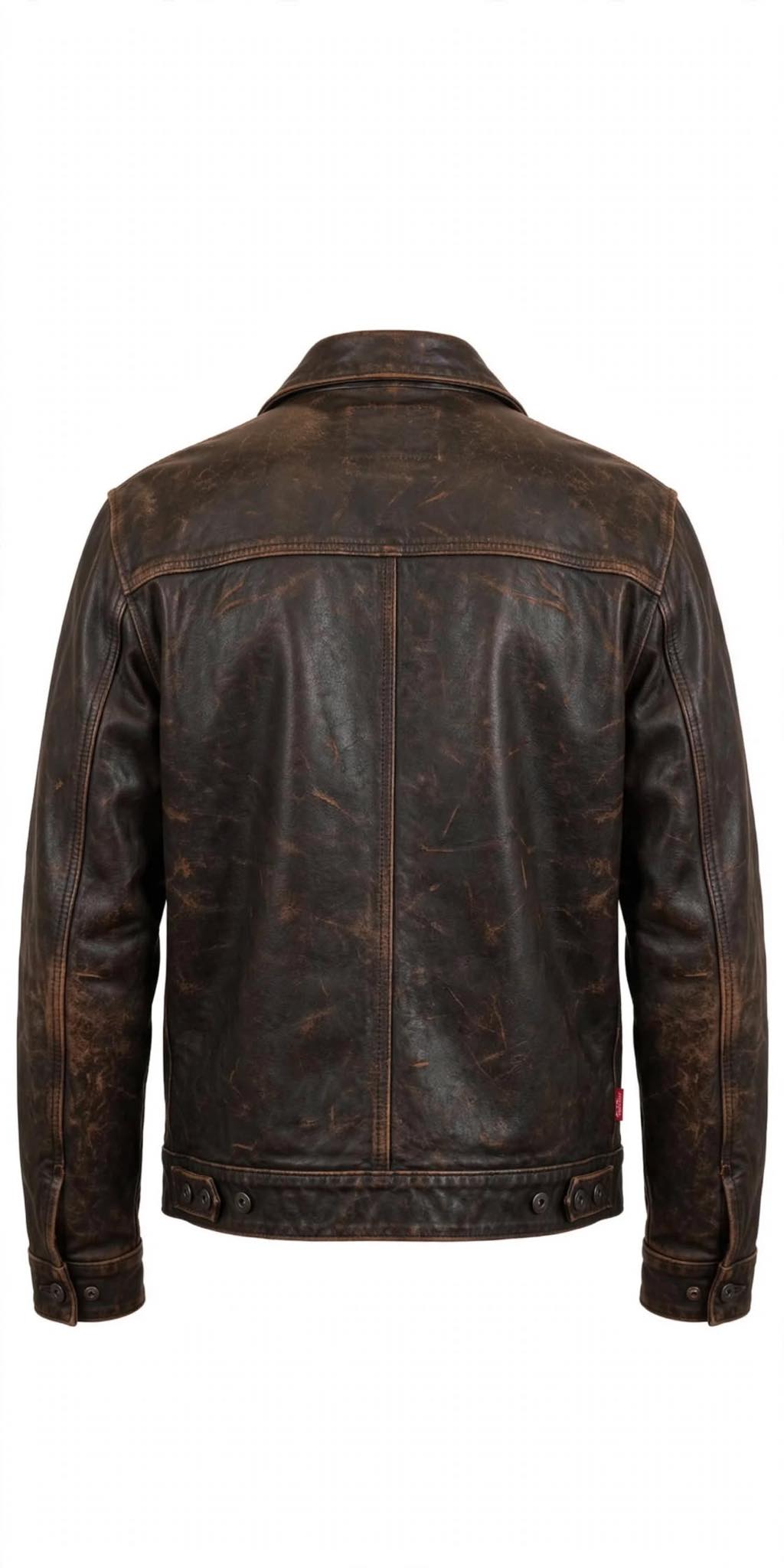 Arvo Trucker distressed antique brown cowhide leather jacket for men, back view