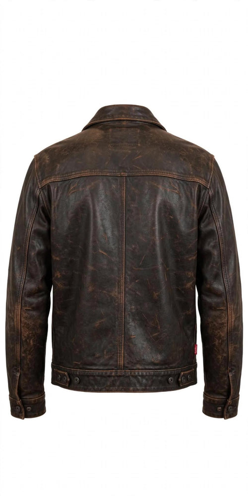 Arvo Trucker distressed antique brown cowhide leather jacket for men, back view