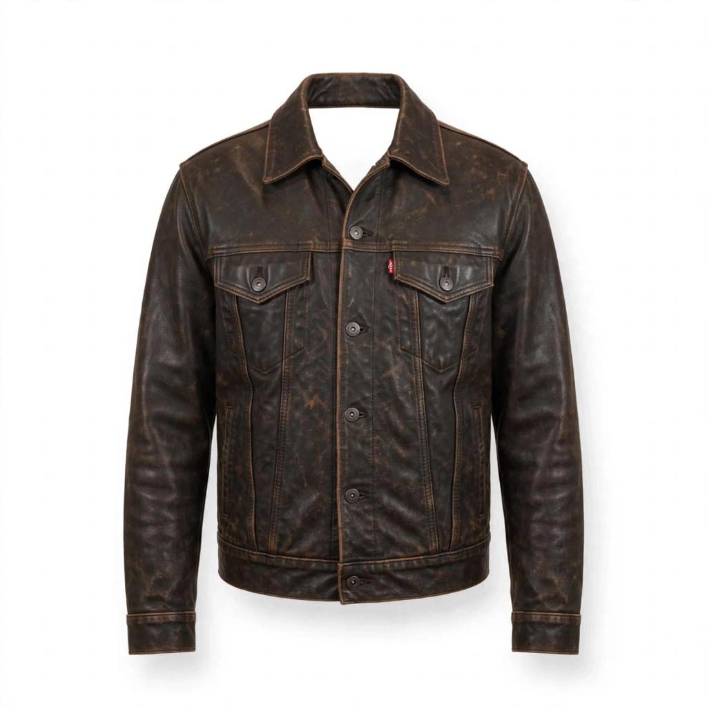 Arvo Trucker distressed antique brown leather jacket with button front and chest pockets