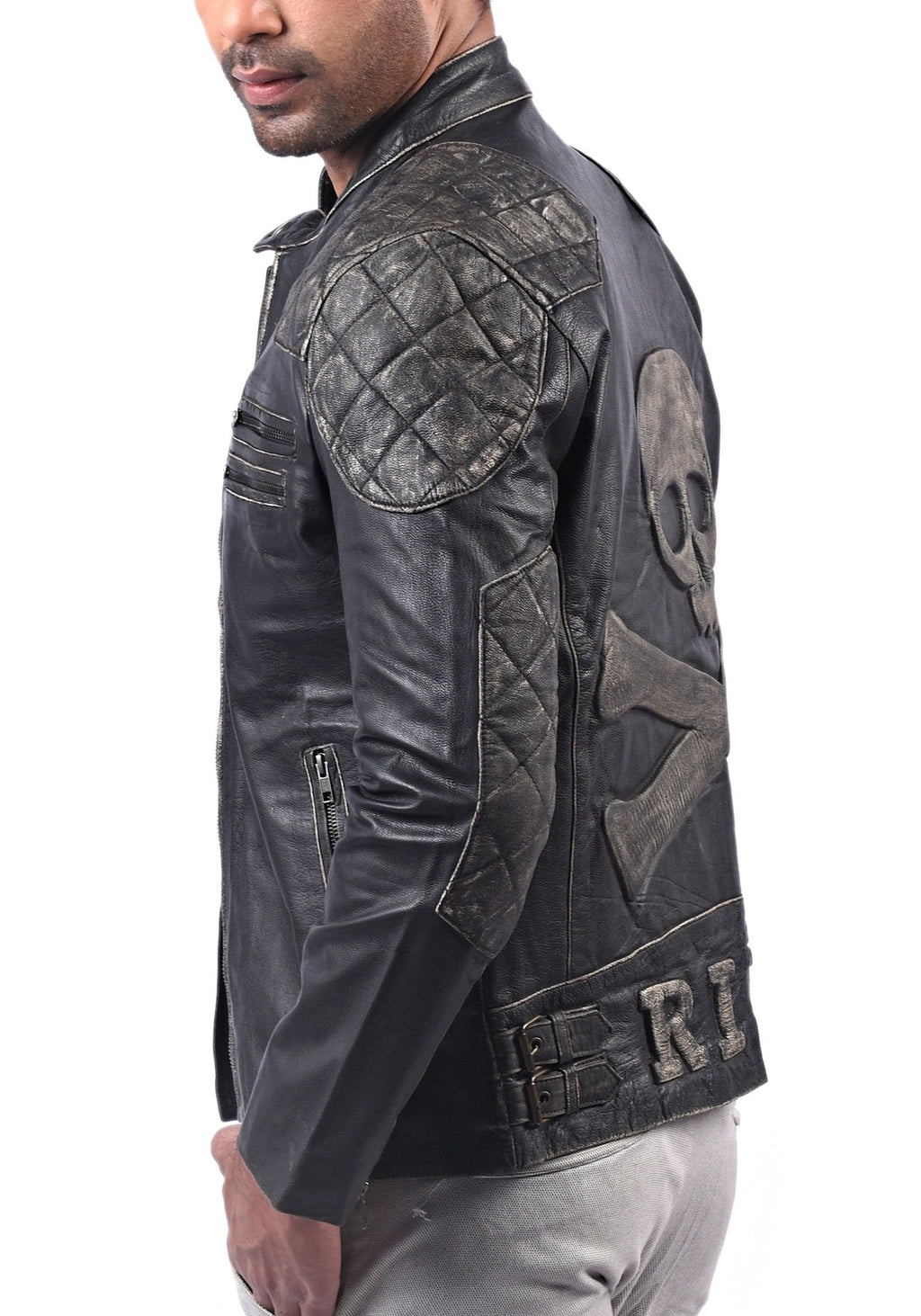 Skull and crossbones black leather biker jacket, photo 3