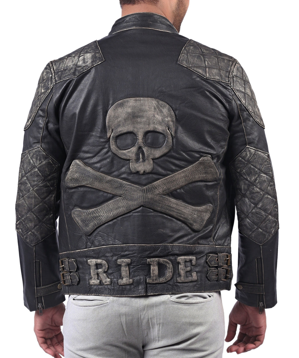 Skull and crossbones black full grain leather biker jacket for men