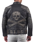 Skull and crossbones black full grain leather biker jacket for men