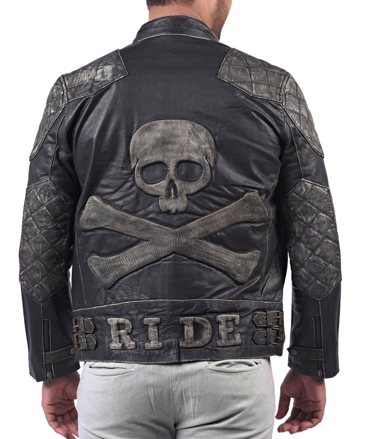 Skull and crossbones black full grain leather biker jacket for men
