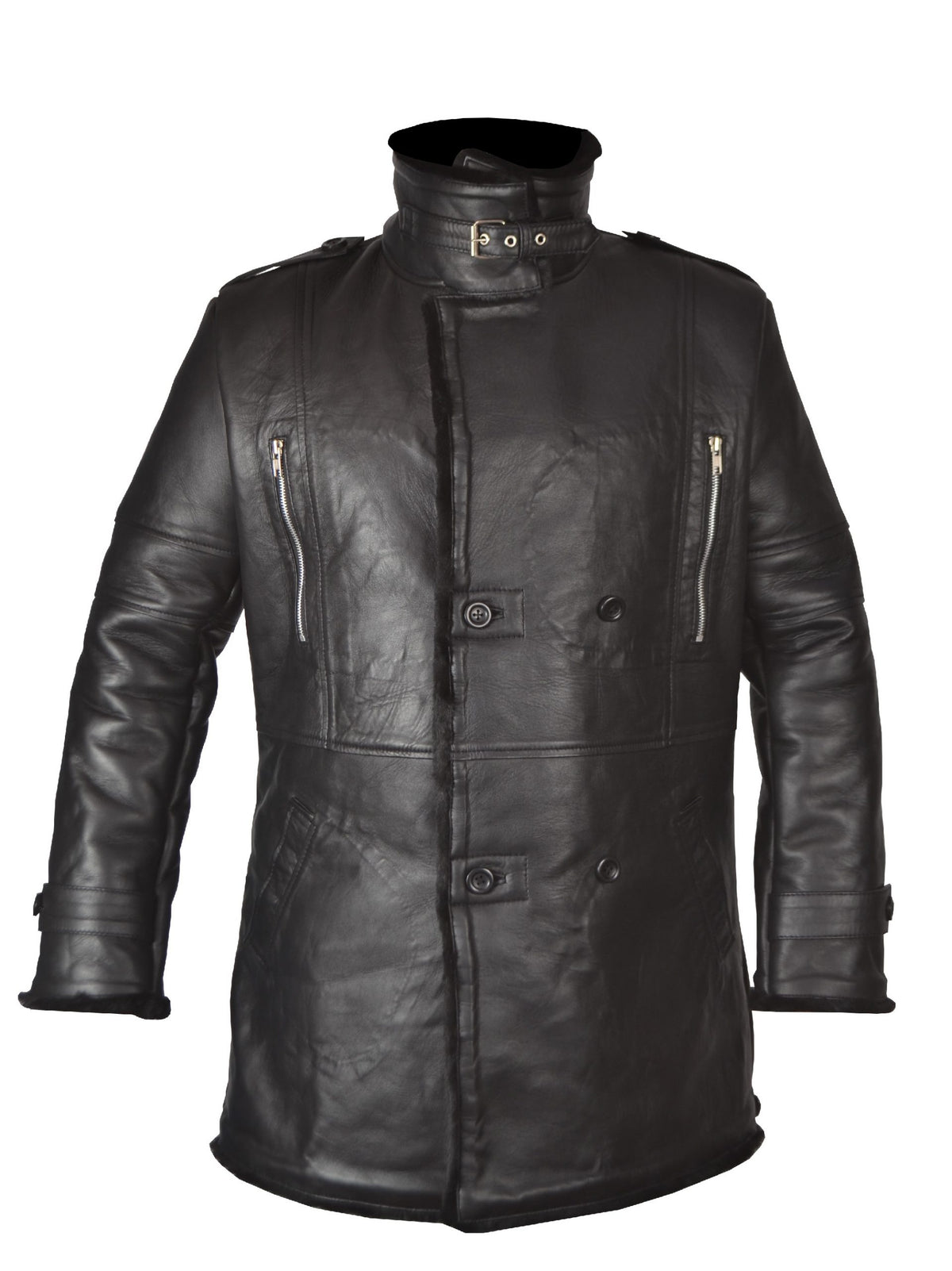 Black Bane coat for men with turndown fur collar, shearling lined