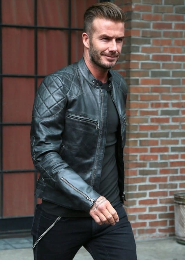 David Beckham black belted leather motorcycle jacket for men