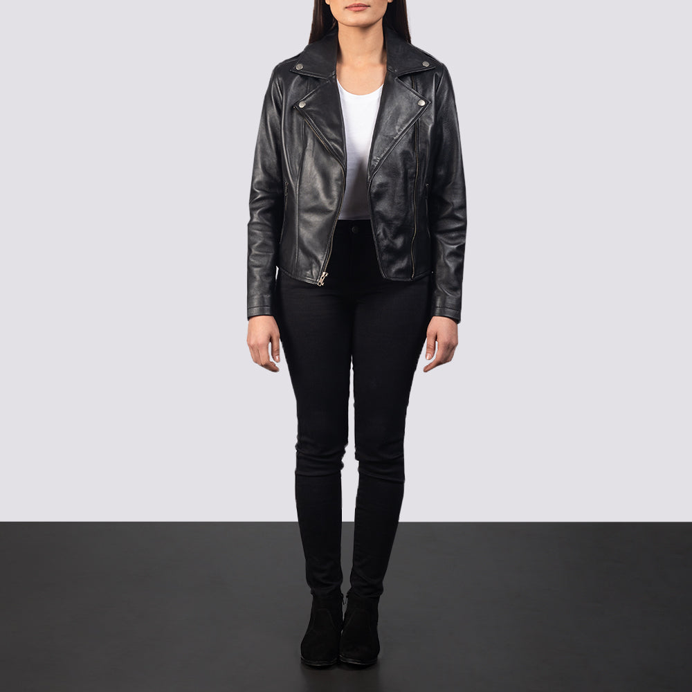 Glasgow black sheepskin moto jacket for women, photo 2