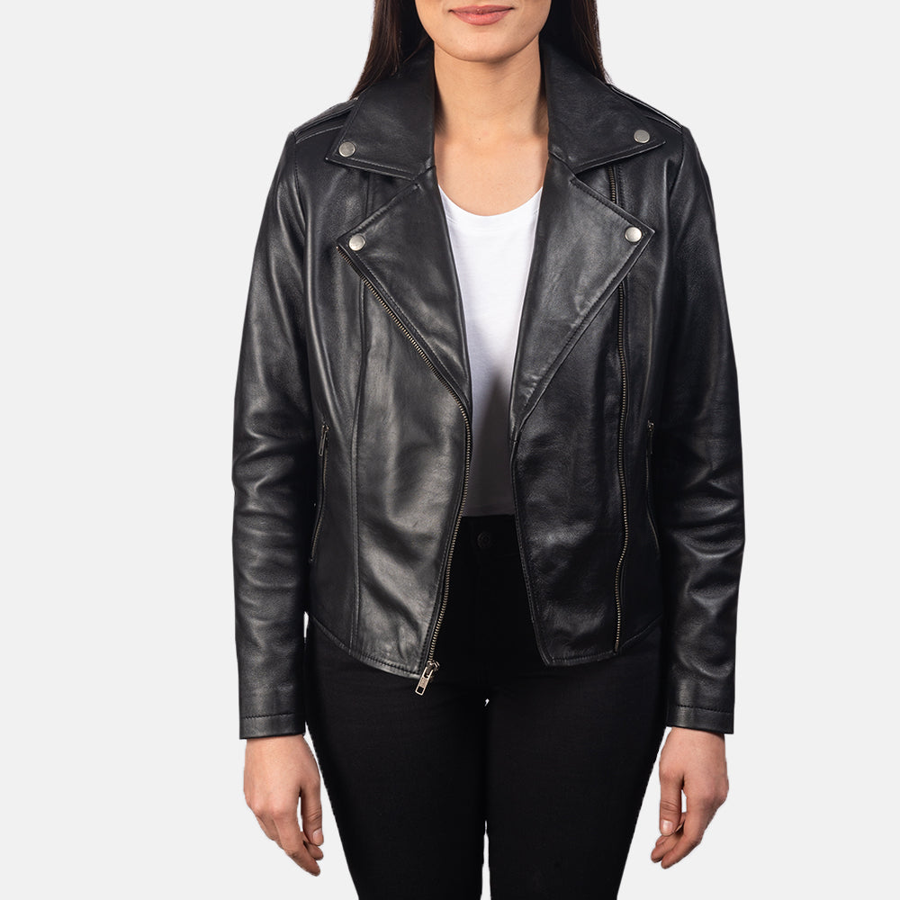Glasgow black sheepskin moto jacket for women, photo 3