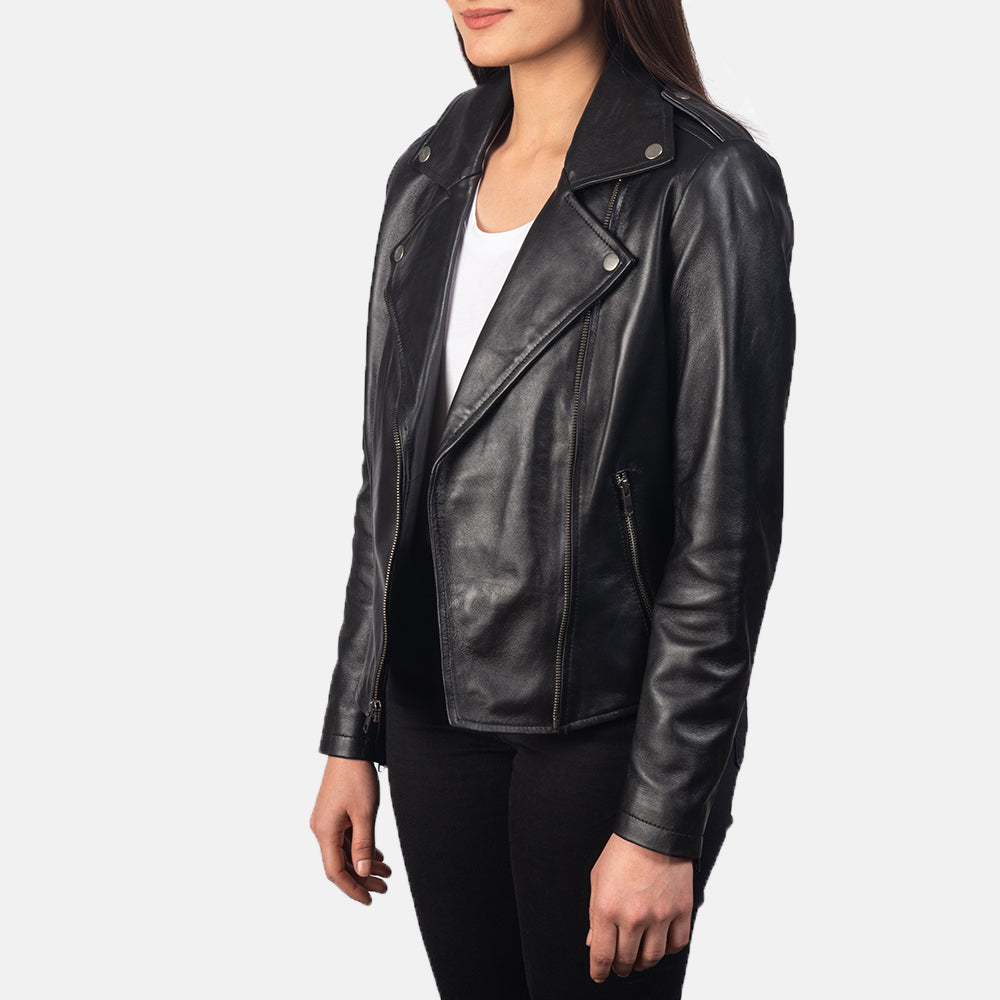 Glasgow black sheepskin leather moto jacket for women