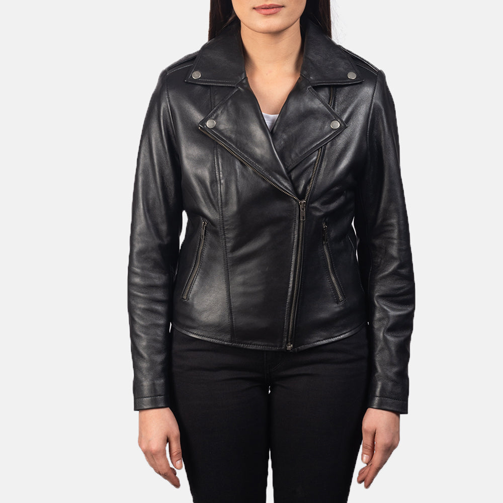 Glasgow black sheepskin moto jacket for women, photo 4