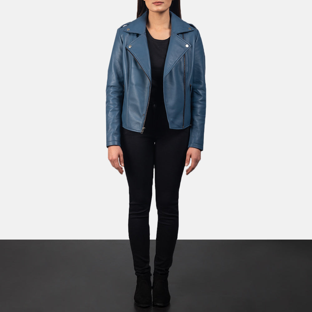 Leven blue sheepskin biker jacket for women, photo 2