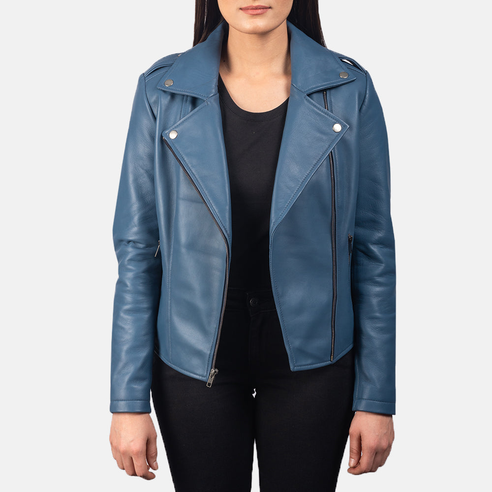 Leven blue sheepskin biker jacket for women, photo 3