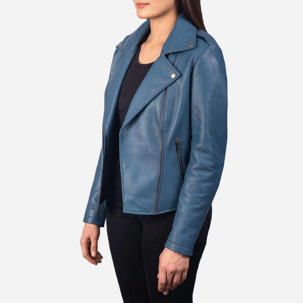 Leven blue sheepskin leather biker jacket for women