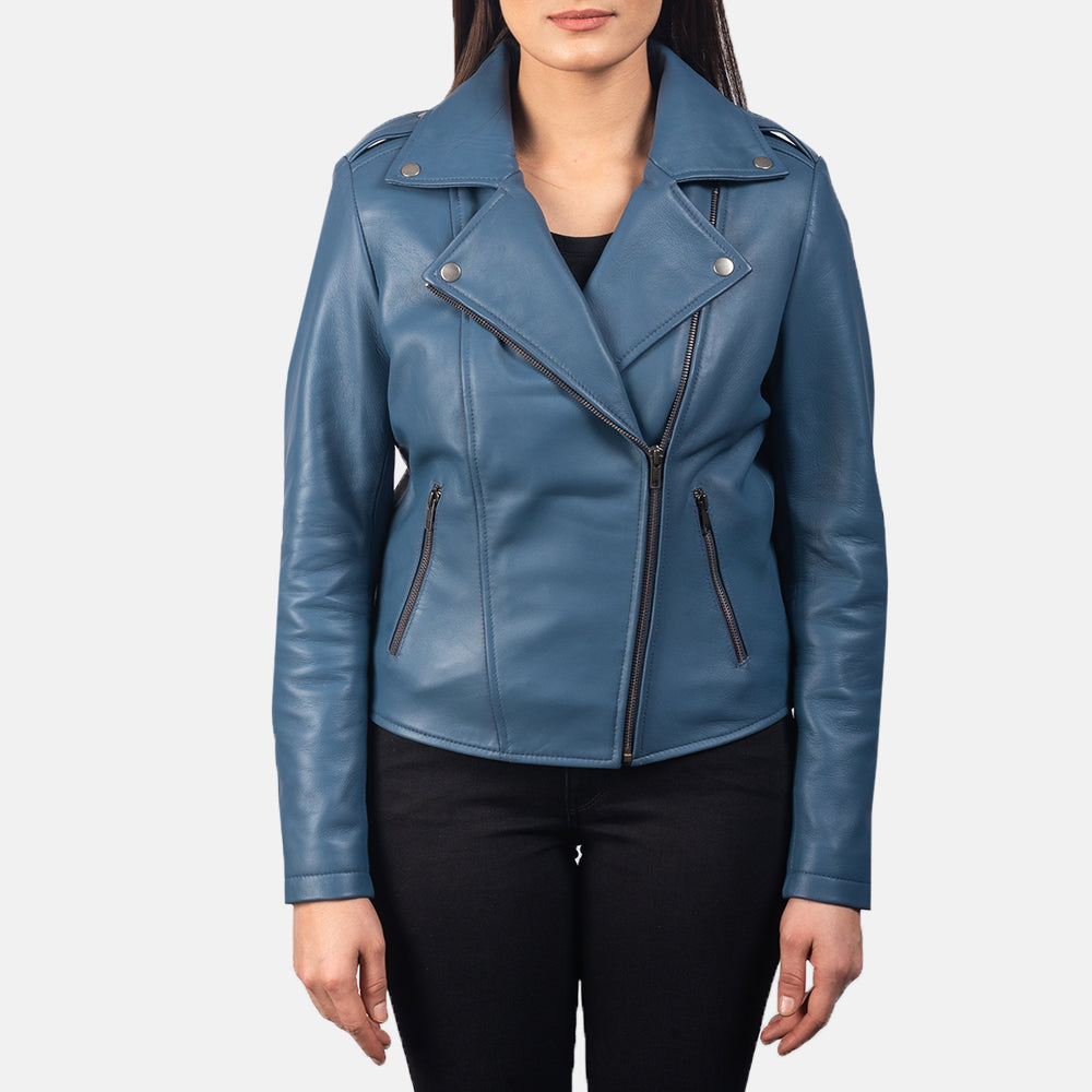 Leven blue sheepskin biker jacket for women, photo 4