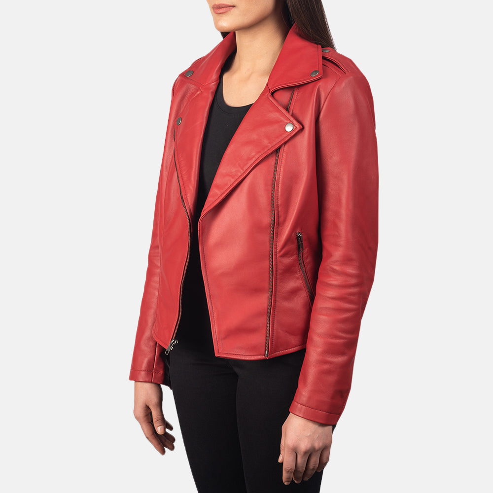 Hamilton red sheepskin leather biker jacket for women