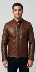 Arvo brown full grain cowhide cafe racer leather jacket for men