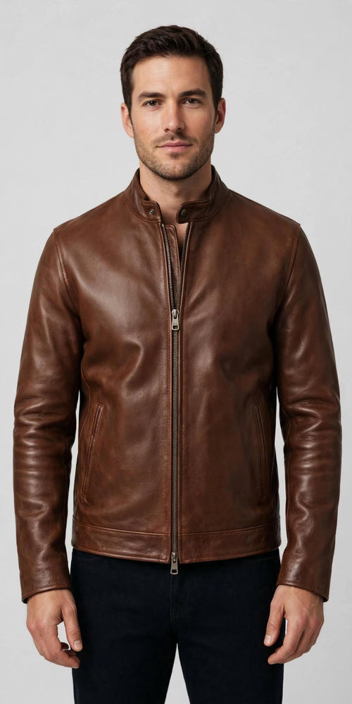 Arvo brown full grain cowhide cafe racer leather jacket for men
