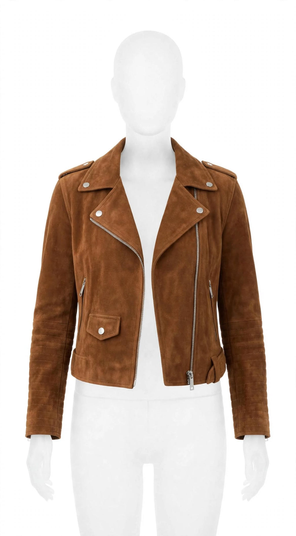 Women's camel brown suede cropped biker jacket, photo 4