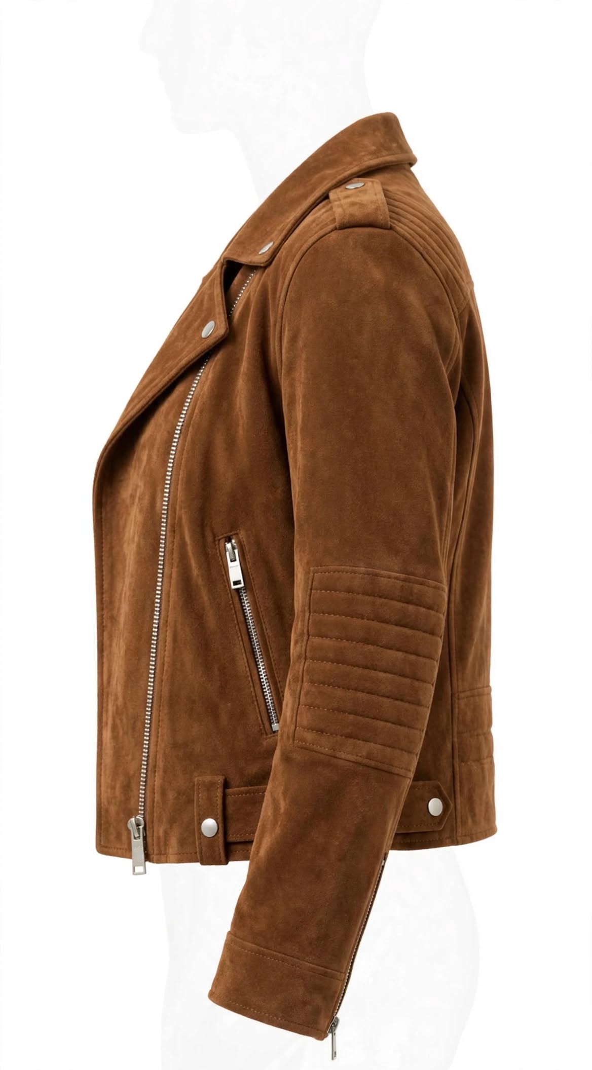 Women's camel brown suede cropped biker jacket, photo 3