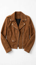 Women's camel brown suede biker jacket, cropped with asymmetric zip