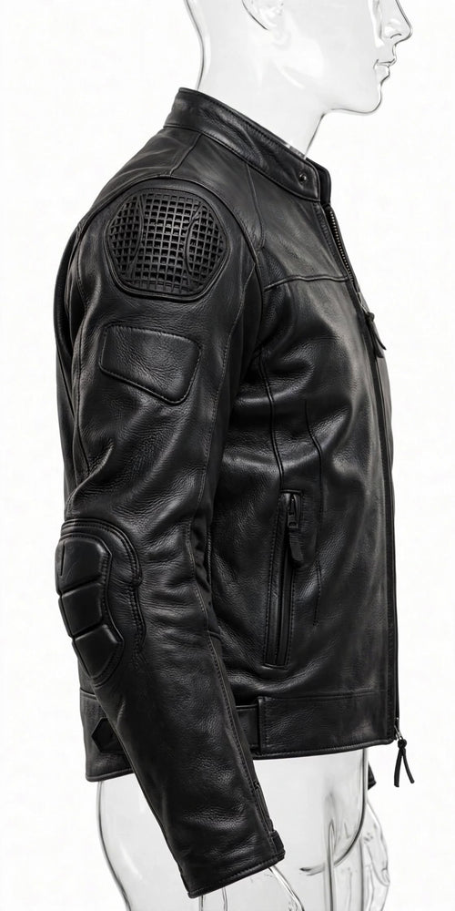 Arvo armored black cowhide leather motorcycle jacket for men with CE armor