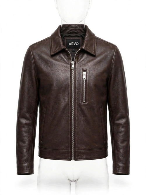 ARVO The Clark dark brown pebbled leather moto jacket for men