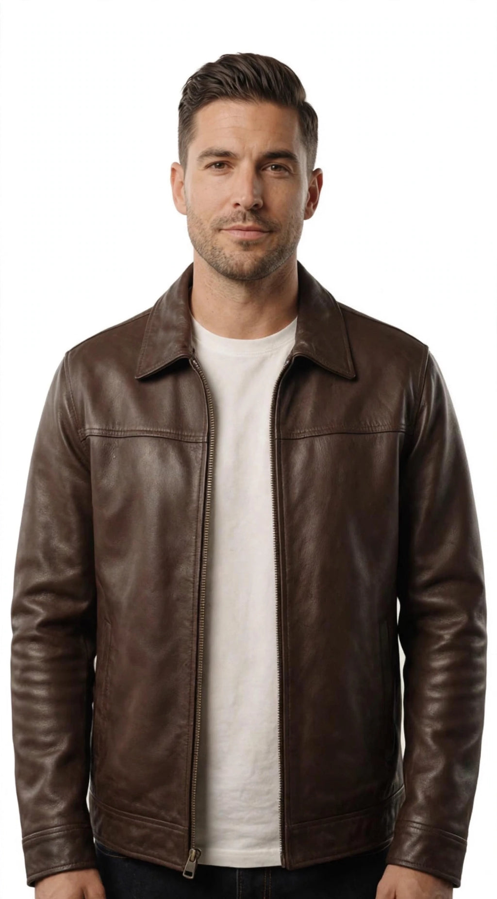Men's Brown Real Leather Jacket - Classic Zip Up Collared Jacket