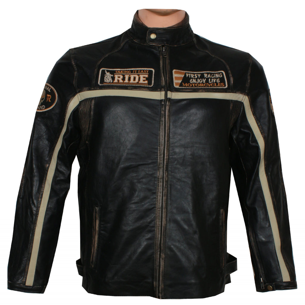 Men's Ride Speed Metal black leather biker jacket with stand collar
