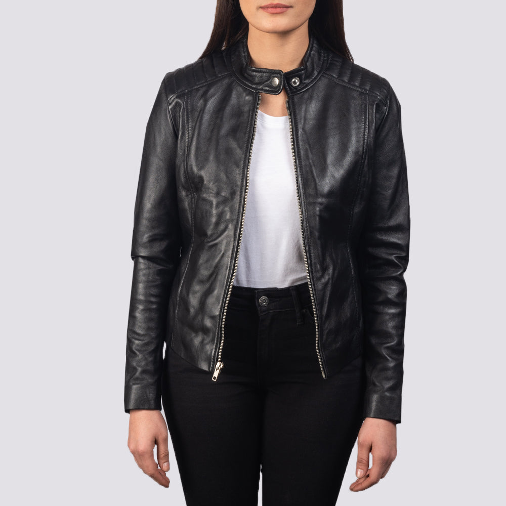 Ellon black sheepskin biker jacket for women, photo 3