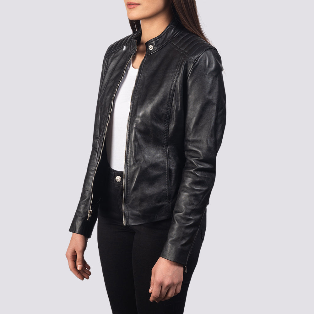 Ellon black sheepskin leather biker jacket for women