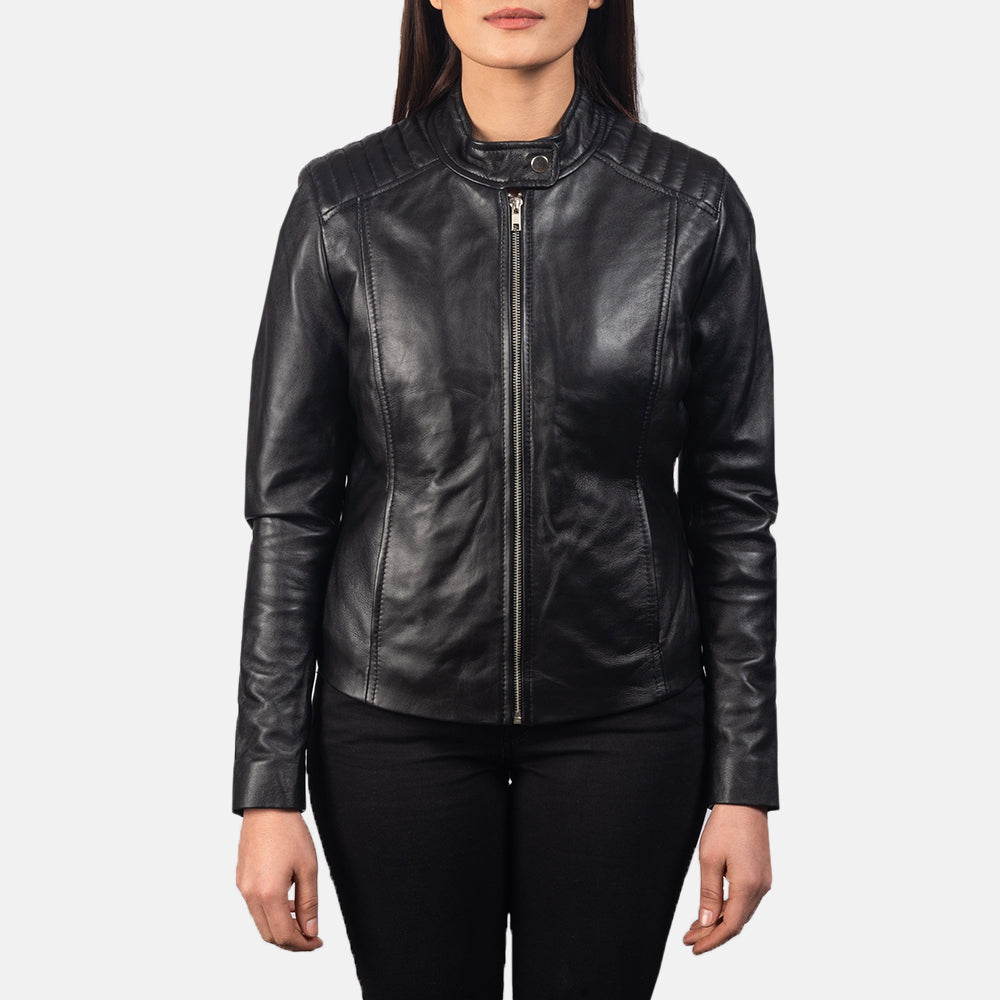Ellon black sheepskin biker jacket for women, photo 4