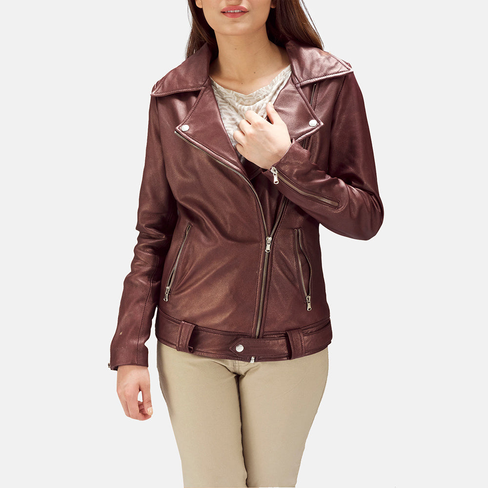 Elgin maroon sheepskin biker jacket for women, photo 4