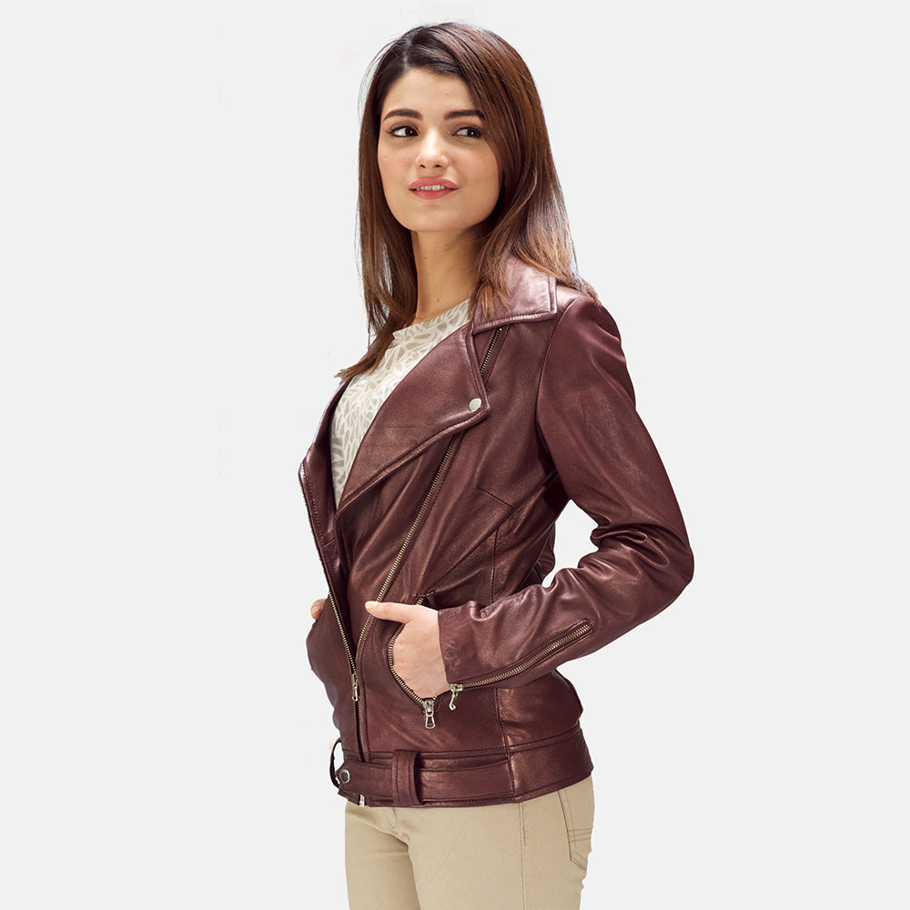 Elgin maroon sheepskin biker jacket for women, photo 6