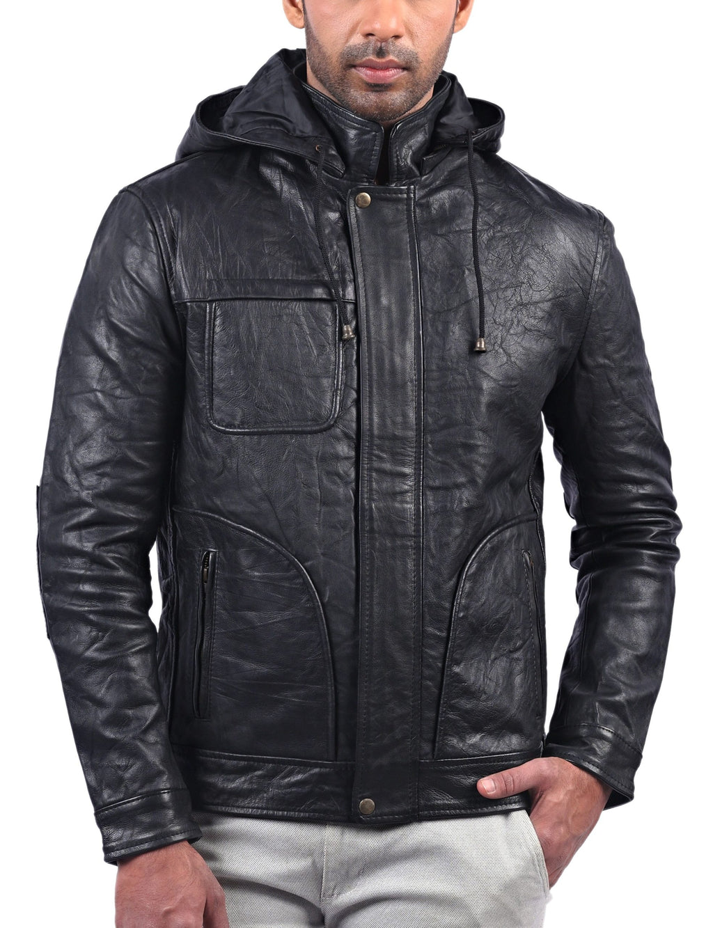 MI-4 black hooded wrinkled sheepskin leather jacket for men