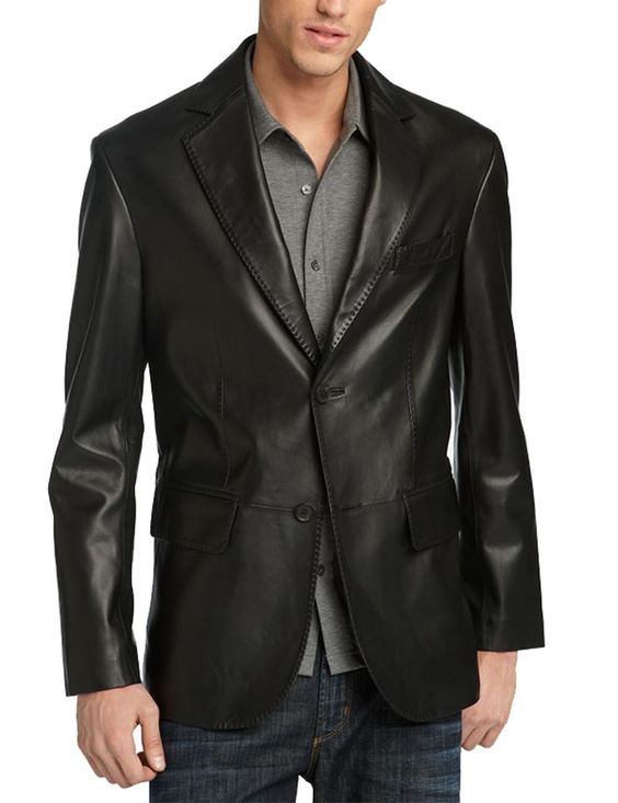 Men's black genuine leather blazer jacket with button front